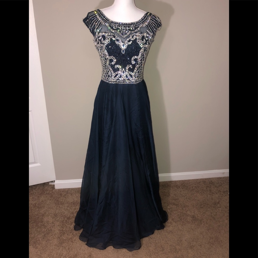 Royal blue long dress with a short tail on back